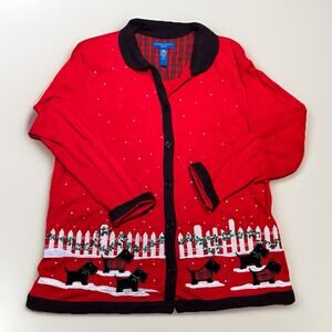 Karen Scott Sport Christmas Sweater M Red Scottie Dog Embroidered Cardigan